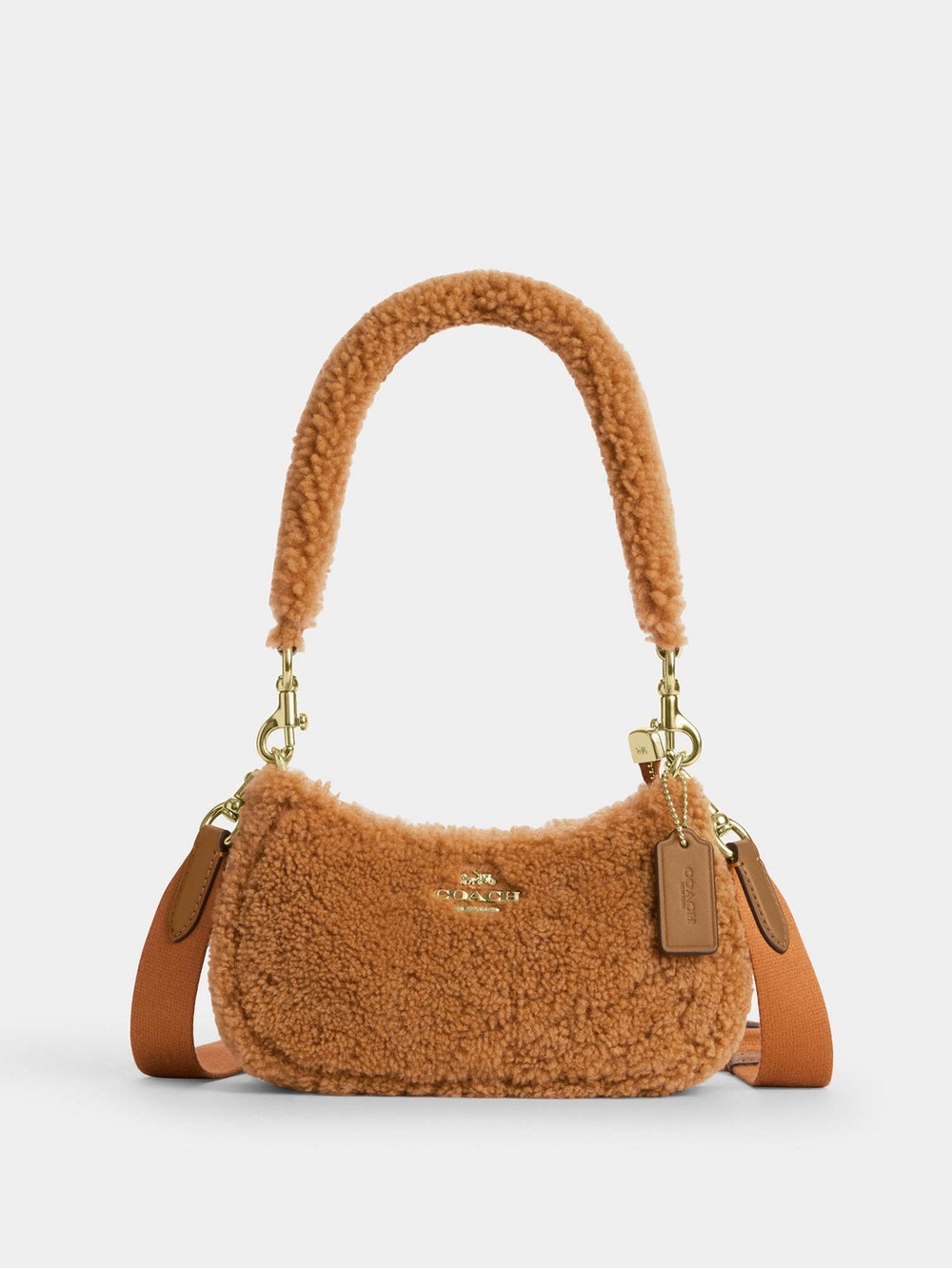 Teri Mini Crossbody Bag In Shearling in Caramel Brown Tan with Gold Hardware